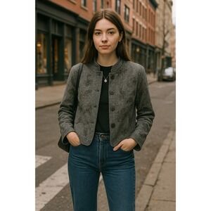 Gray Embroidered Fully Lined Button Front Shacket Size L Boho Cottagecore Rustic